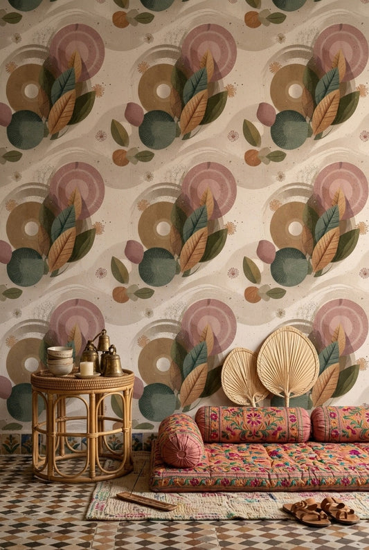 Geometrik Yaprak Desenli Duvar Kağıdı Retro Bohem Salon