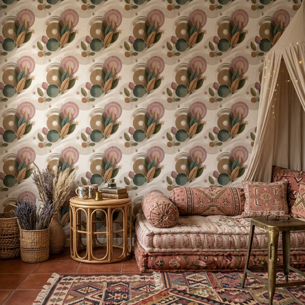 Geometrik Yaprak Desenli Duvar Kağıdı Retro Bohem Salon
