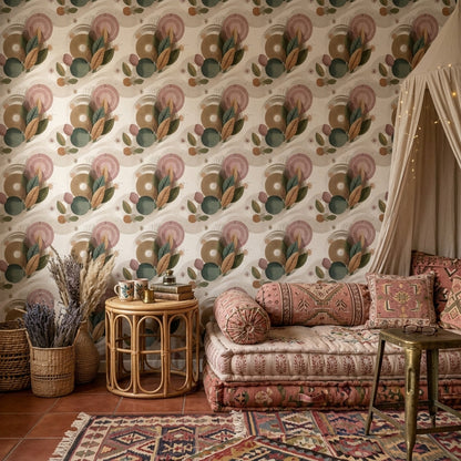 Geometrik Yaprak Desenli Duvar Kağıdı Retro Bohem Salon
