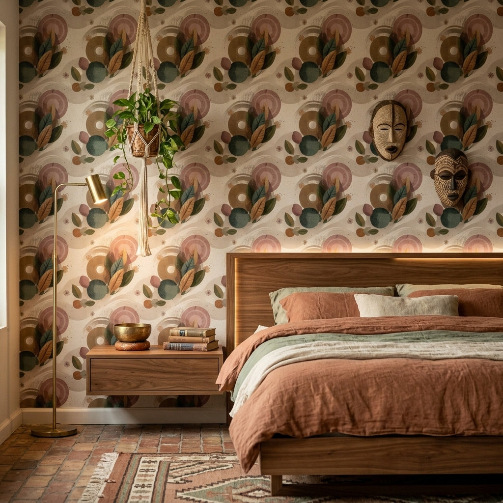 Geometrik Yaprak Desenli Duvar Kağıdı Retro Bohem Salon
