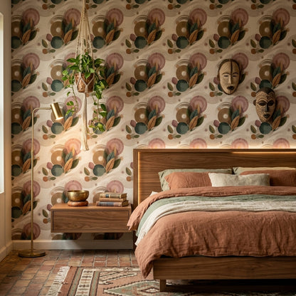 Geometrik Yaprak Desenli Duvar Kağıdı Retro Bohem Salon