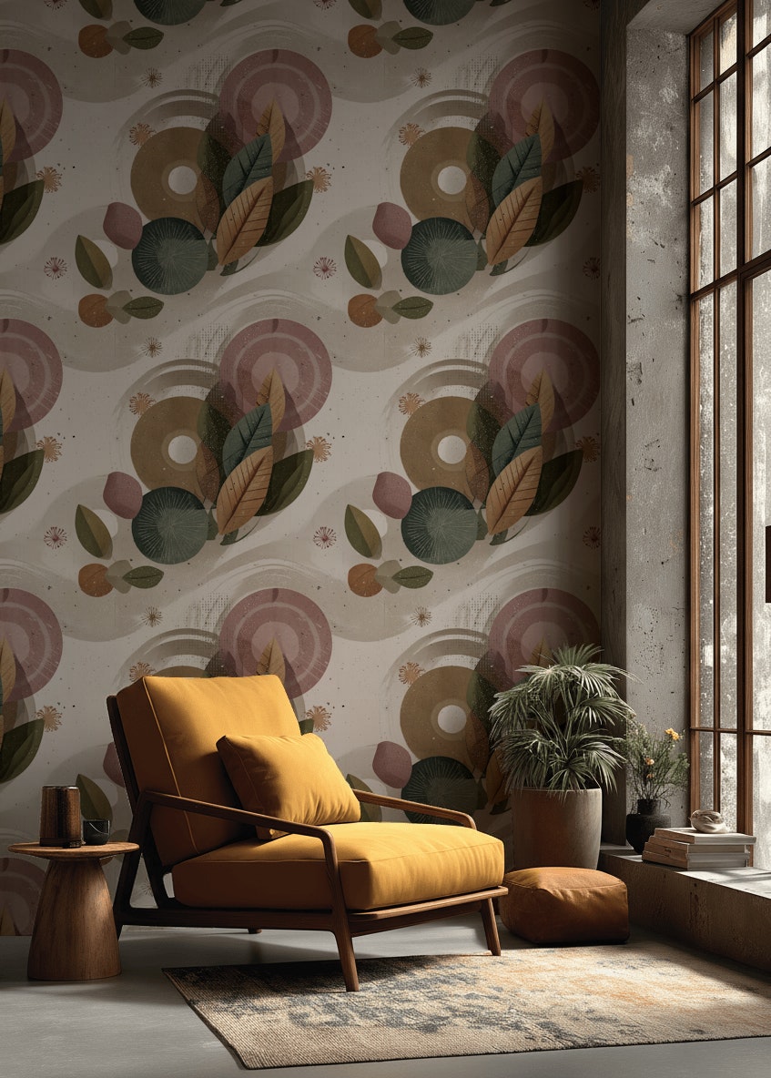 Geometrik Yaprak Desenli Duvar Kağıdı Retro Bohem Salon