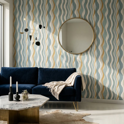 Dalgalı Çizgili Duvar Kağıdı Mavi Bej Modern Salon