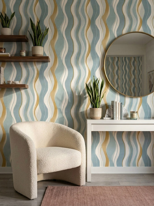 Dalgalı Çizgili Duvar Kağıdı Mavi Bej Modern Salon