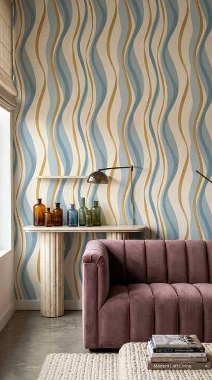 Dalgalı Çizgili Duvar Kağıdı Mavi Hardal Salon Deseni