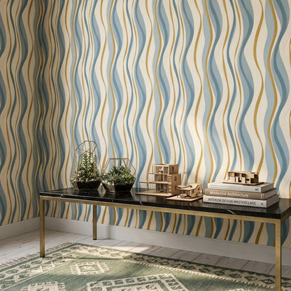 Dalgalı Çizgili Duvar Kağıdı Mavi Hardal Salon Deseni