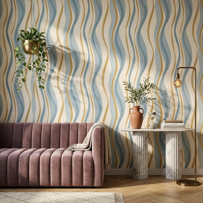 Dalgalı Çizgili Duvar Kağıdı Mavi Hardal Salon Deseni