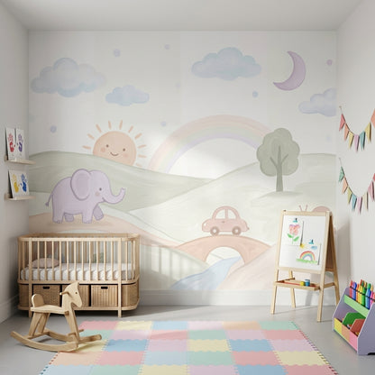 Pastel Gökkuşağı Poster Duvar Kağıdı Sevimli Hayvanlı Çocuk Odası