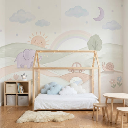 Pastel Gökkuşağı Poster Duvar Kağıdı Sevimli Hayvanlı Çocuk Odası