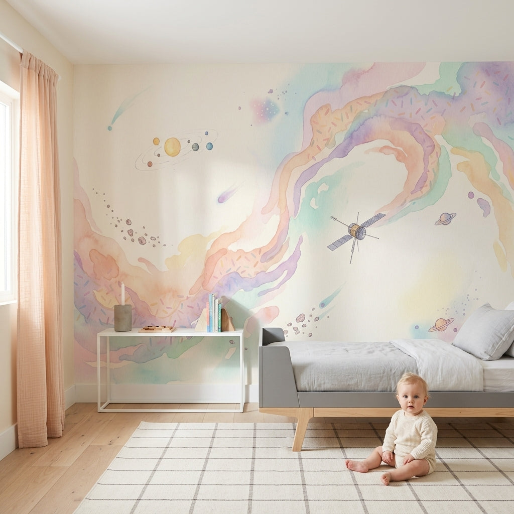 Pastel Uzay Temalı Poster Duvar Kağıdı Çocuk Odası Desenli