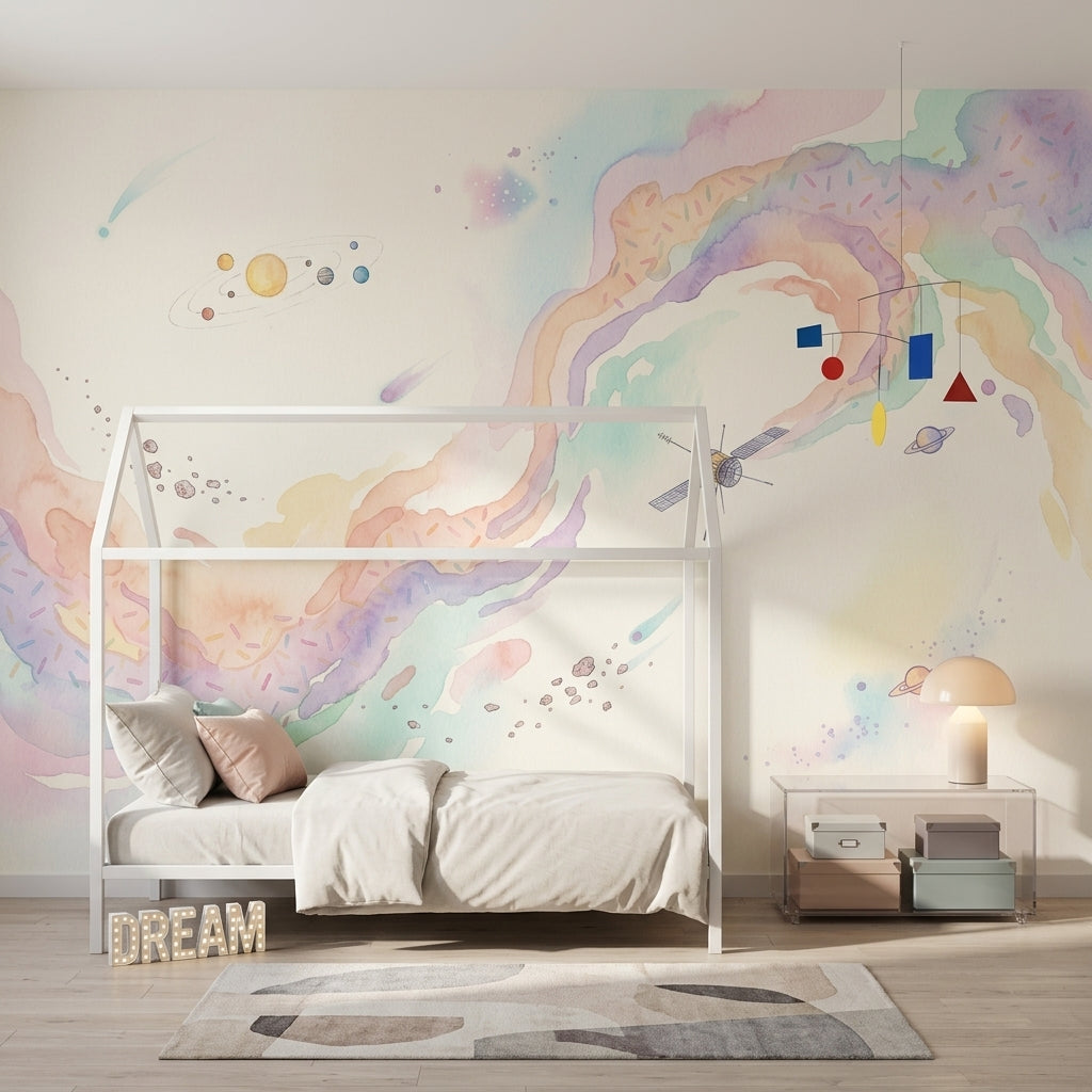 Pastel Uzay Temalı Poster Duvar Kağıdı Çocuk Odası Desenli