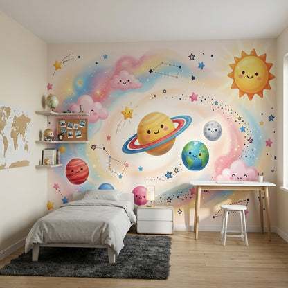 Gezegenli Uzay Poster Duvar Kağıdı Pastel Çocuk Odası