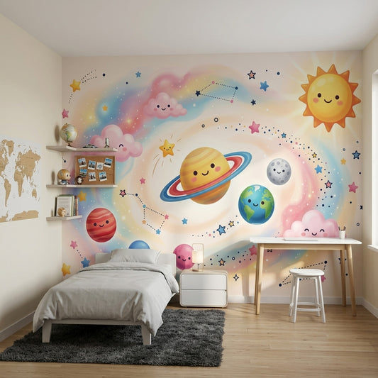Gezegenli Uzay Poster Duvar Kağıdı Pastel Çocuk Odası
