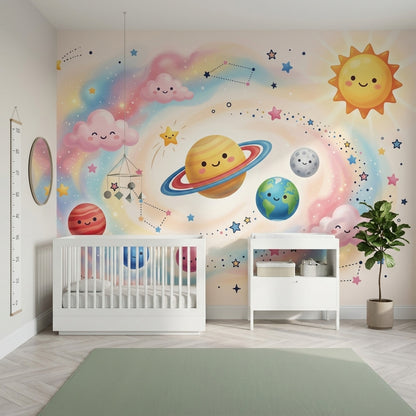 Gezegenli Uzay Poster Duvar Kağıdı Pastel Çocuk Odası