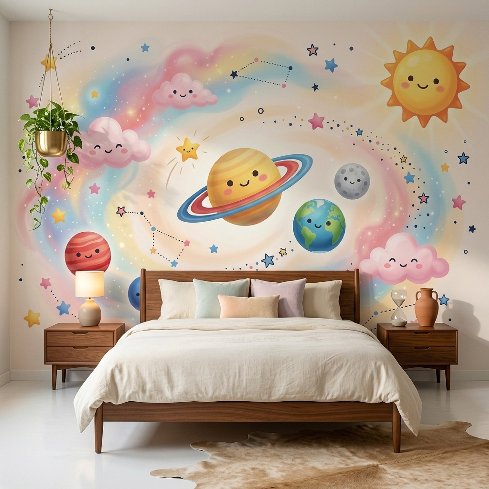 Gezegenli Uzay Poster Duvar Kağıdı Pastel Çocuk Odası