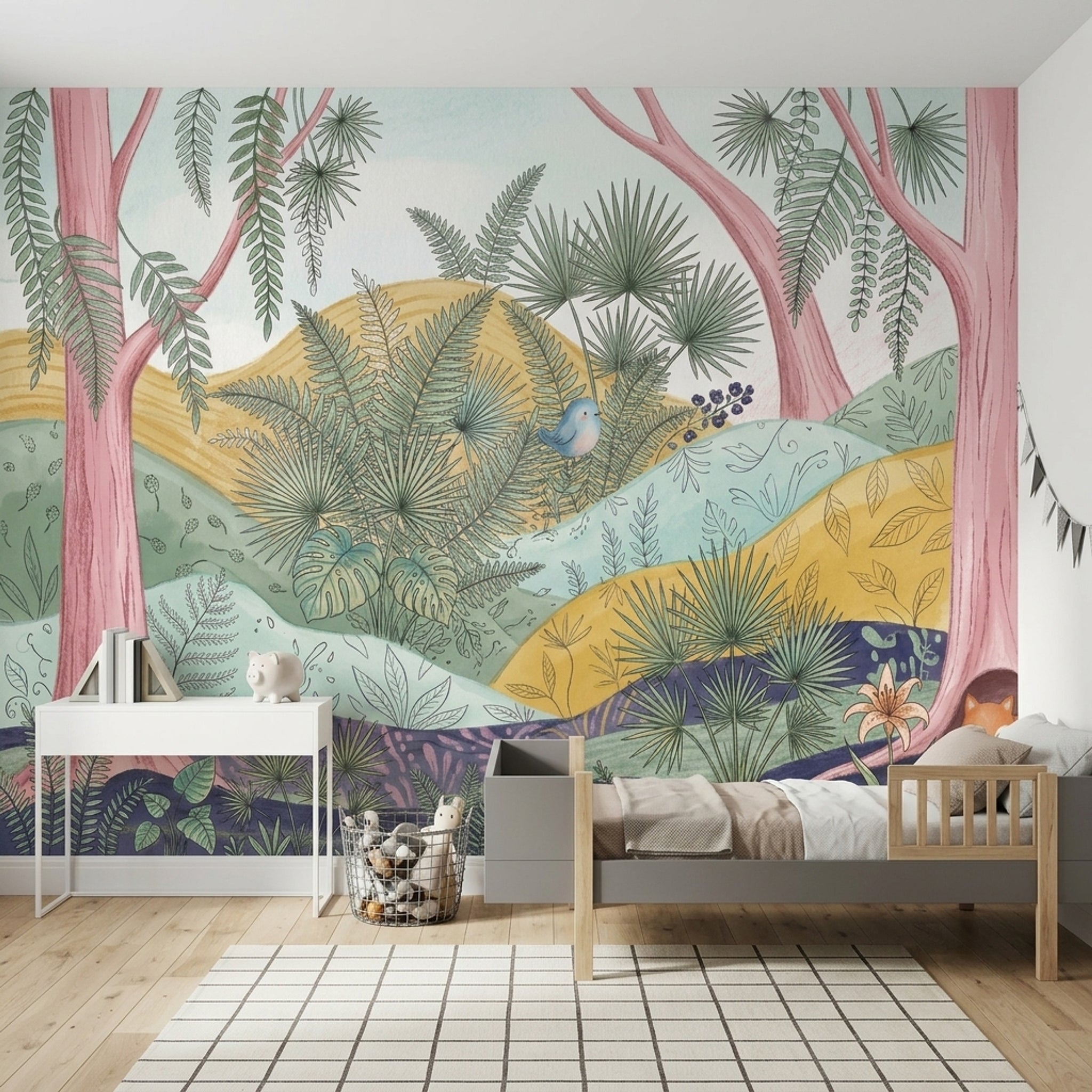 Pastel Orman ve Yaprak Desenli Poster Duvar Kağıdı Bebek Odası