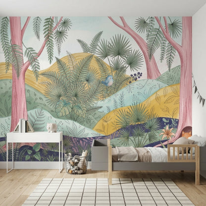 Pastel Orman ve Yaprak Desenli Poster Duvar Kağıdı Bebek Odası