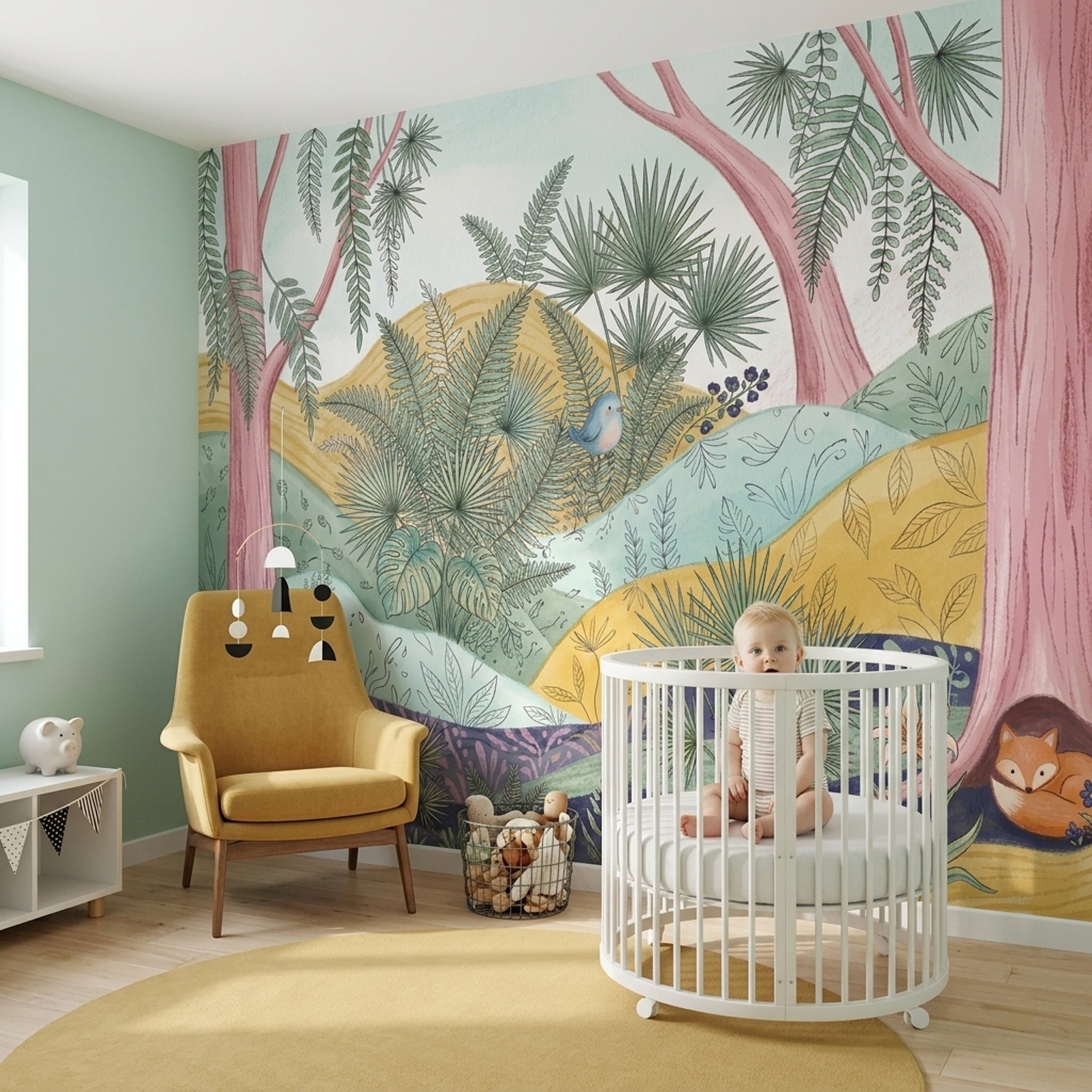 Pastel Orman ve Yaprak Desenli Poster Duvar Kağıdı Bebek Odası