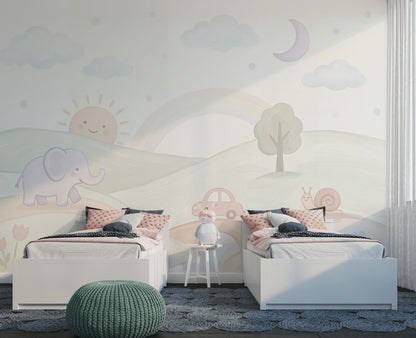 Pastel Gökkuşağı Poster Duvar Kağıdı Sevimli Hayvanlı Çocuk Odası