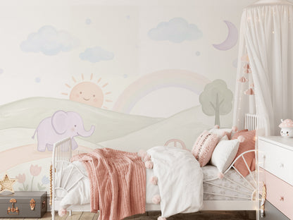 Pastel Gökkuşağı Poster Duvar Kağıdı Sevimli Hayvanlı Çocuk Odası