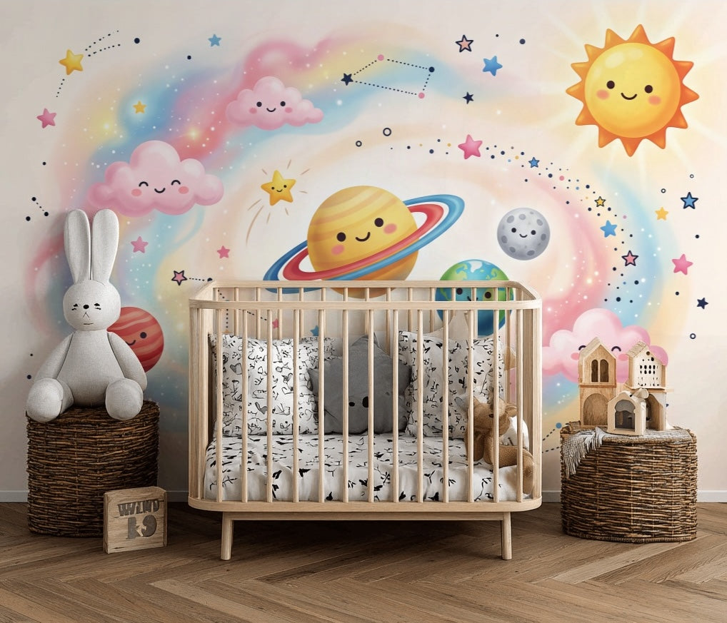 Gezegenli Uzay Poster Duvar Kağıdı Pastel Çocuk Odası