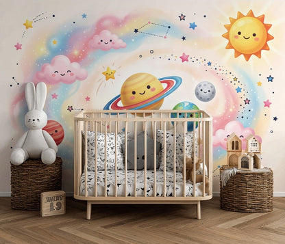 Gezegenli Uzay Poster Duvar Kağıdı Pastel Çocuk Odası