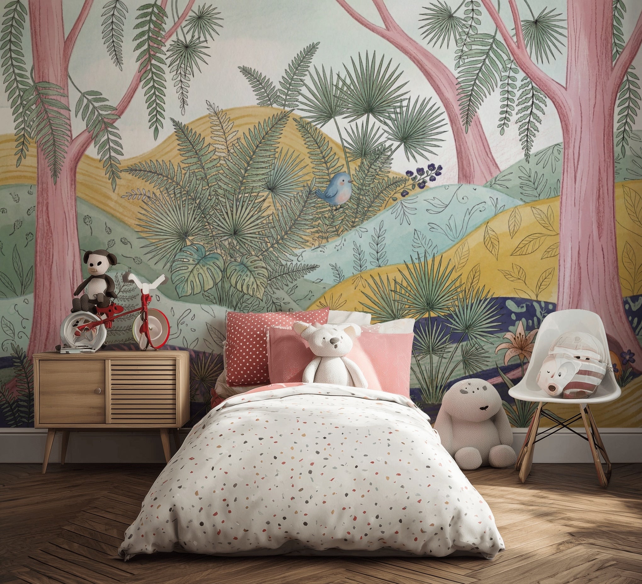 Pastel Orman ve Yaprak Desenli Poster Duvar Kağıdı Bebek Odası