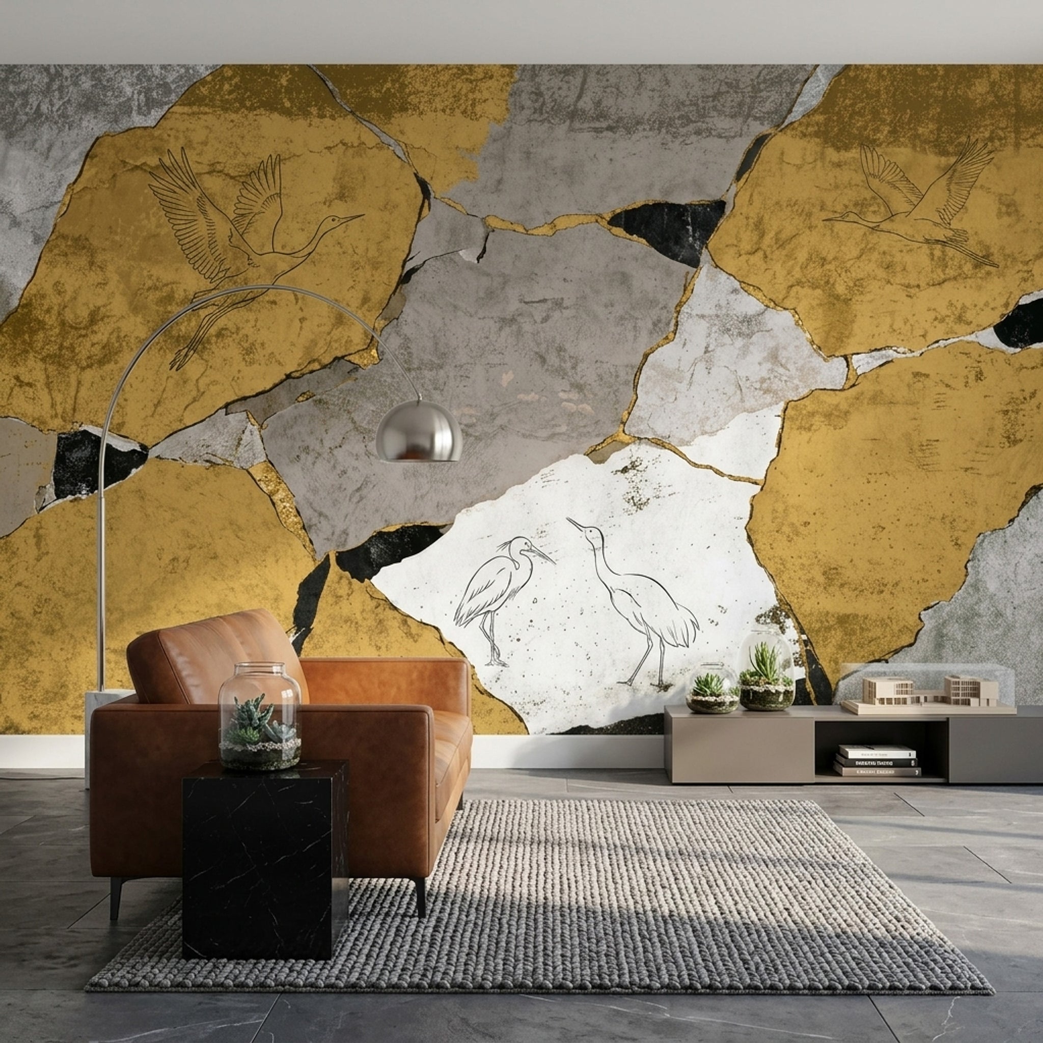 Altın Tonlu Kintsugi Desenli Poster Duvar Kağıdı Turnalı