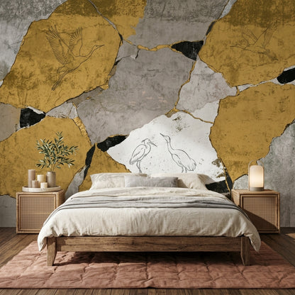 Altın Tonlu Kintsugi Desenli Poster Duvar Kağıdı Turnalı