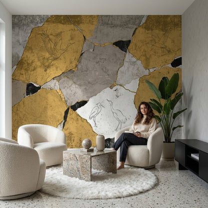 Altın Tonlu Kintsugi Desenli Poster Duvar Kağıdı Turnalı