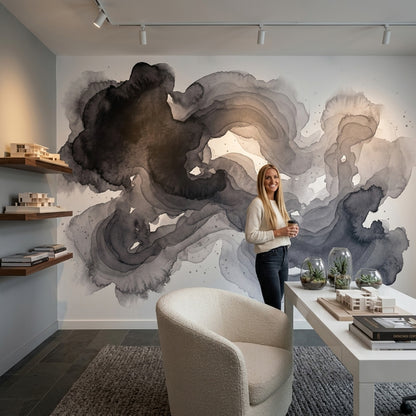 Siyah Gri Soyut Poster Duvar Kağıdı Suluboya Desenli Salon