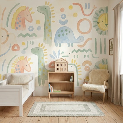 Safari Hayvanlı Poster Duvar Kağıdı Pastel Çocuk Odası