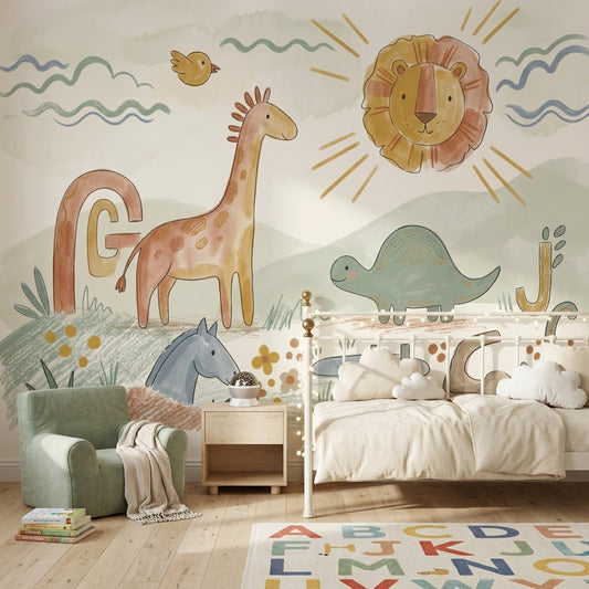 Sevimli Safari Hayvanlı Poster Duvar Kağıdı Pastel Çocuk Odası