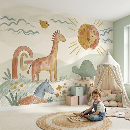 Sevimli Safari Hayvanlı Poster Duvar Kağıdı Pastel Çocuk Odası