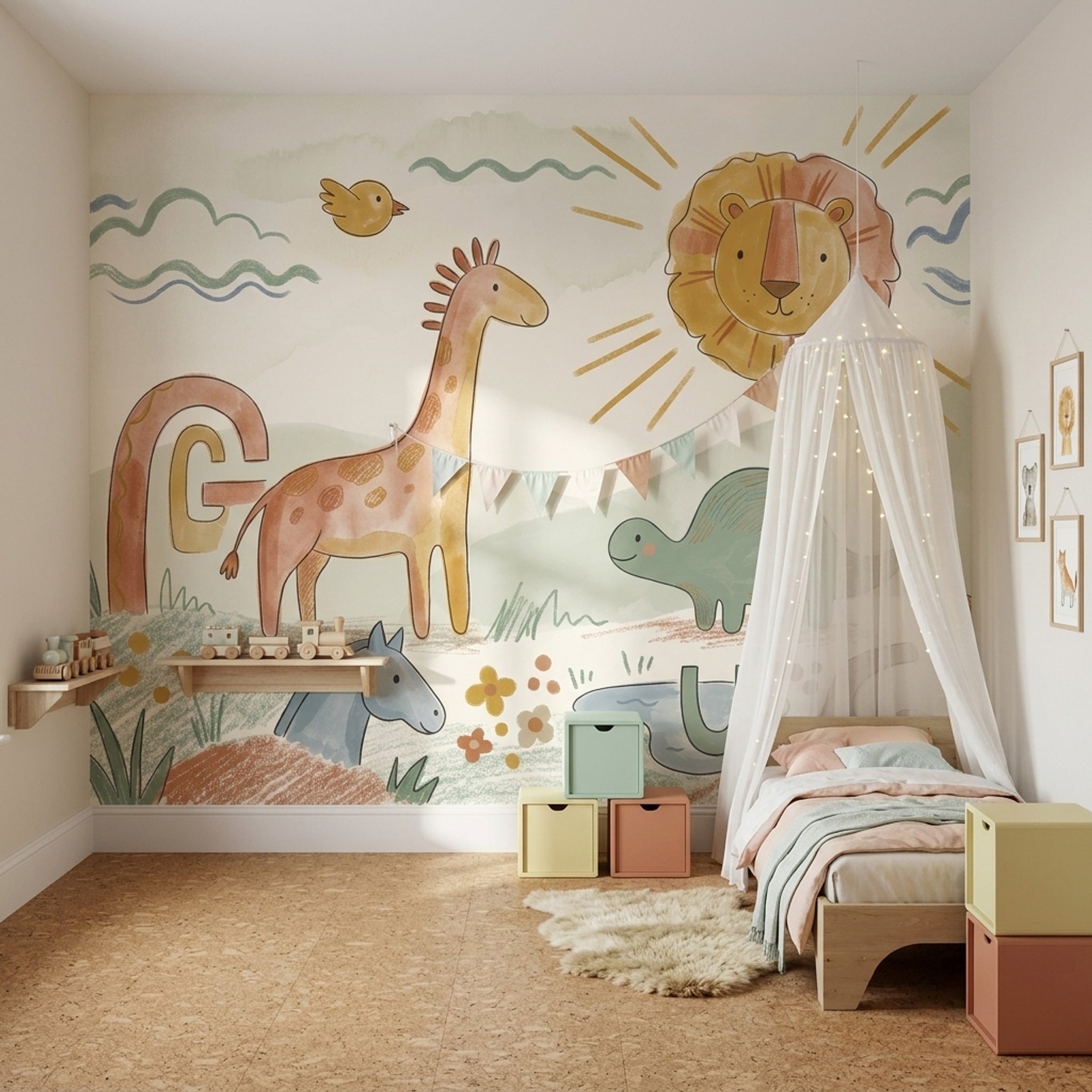 Sevimli Safari Hayvanlı Poster Duvar Kağıdı Pastel Çocuk Odası