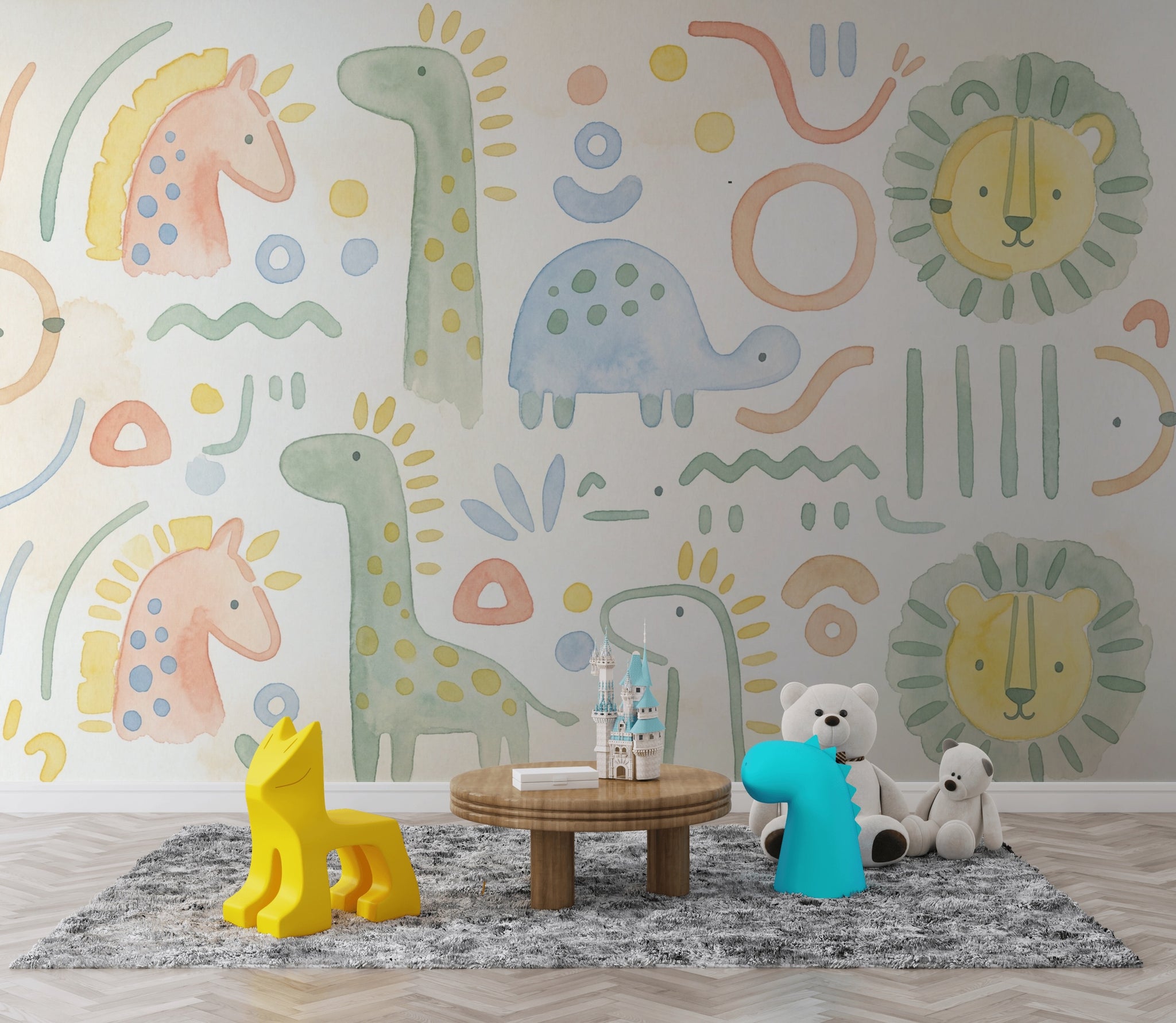 Safari Hayvanlı Poster Duvar Kağıdı Pastel Çocuk Odası