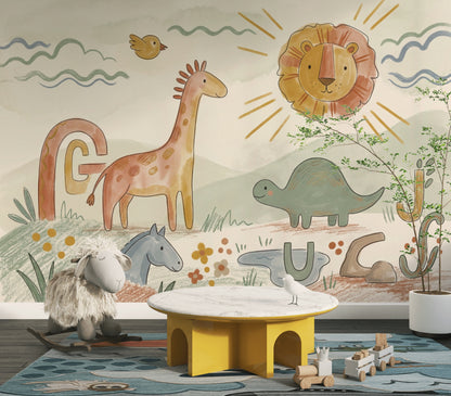 Sevimli Safari Hayvanlı Poster Duvar Kağıdı Pastel Çocuk Odası