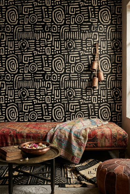 Siyah Beyaz Soyut Desenli Duvar Kağıdı Modern Salon