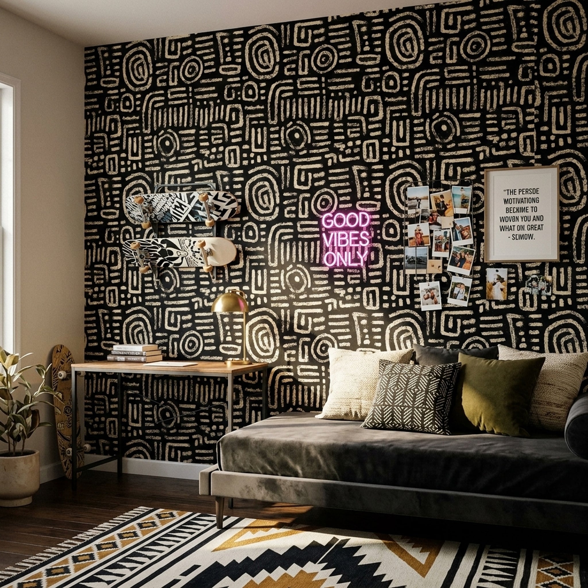Siyah Beyaz Soyut Desenli Duvar Kağıdı Modern Salon