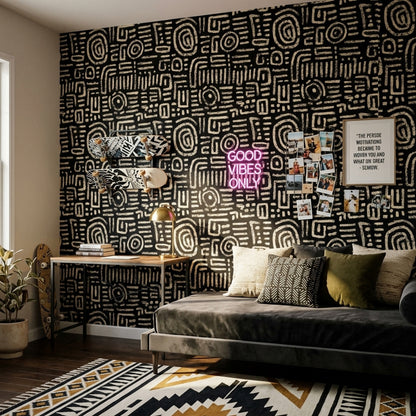 Siyah Beyaz Soyut Desenli Duvar Kağıdı Modern Salon