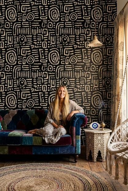 Siyah Beyaz Soyut Desenli Duvar Kağıdı Modern Salon