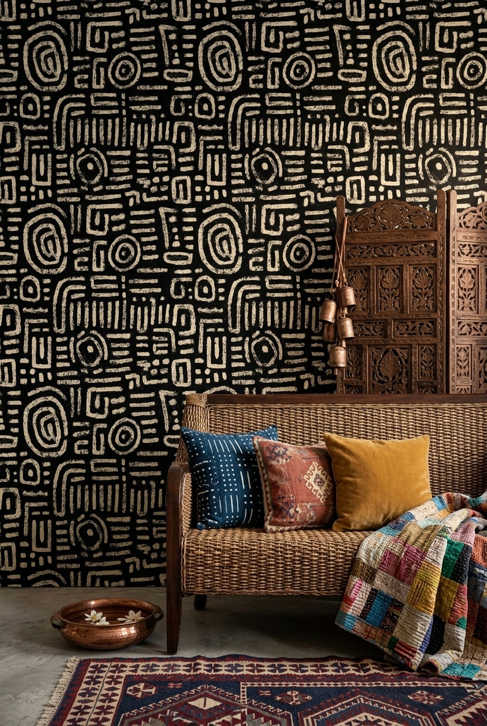 Siyah Beyaz Soyut Desenli Duvar Kağıdı Modern Salon