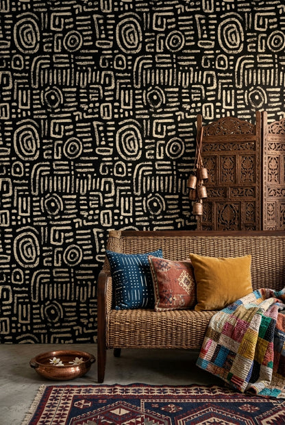 Siyah Beyaz Soyut Desenli Duvar Kağıdı Modern Salon