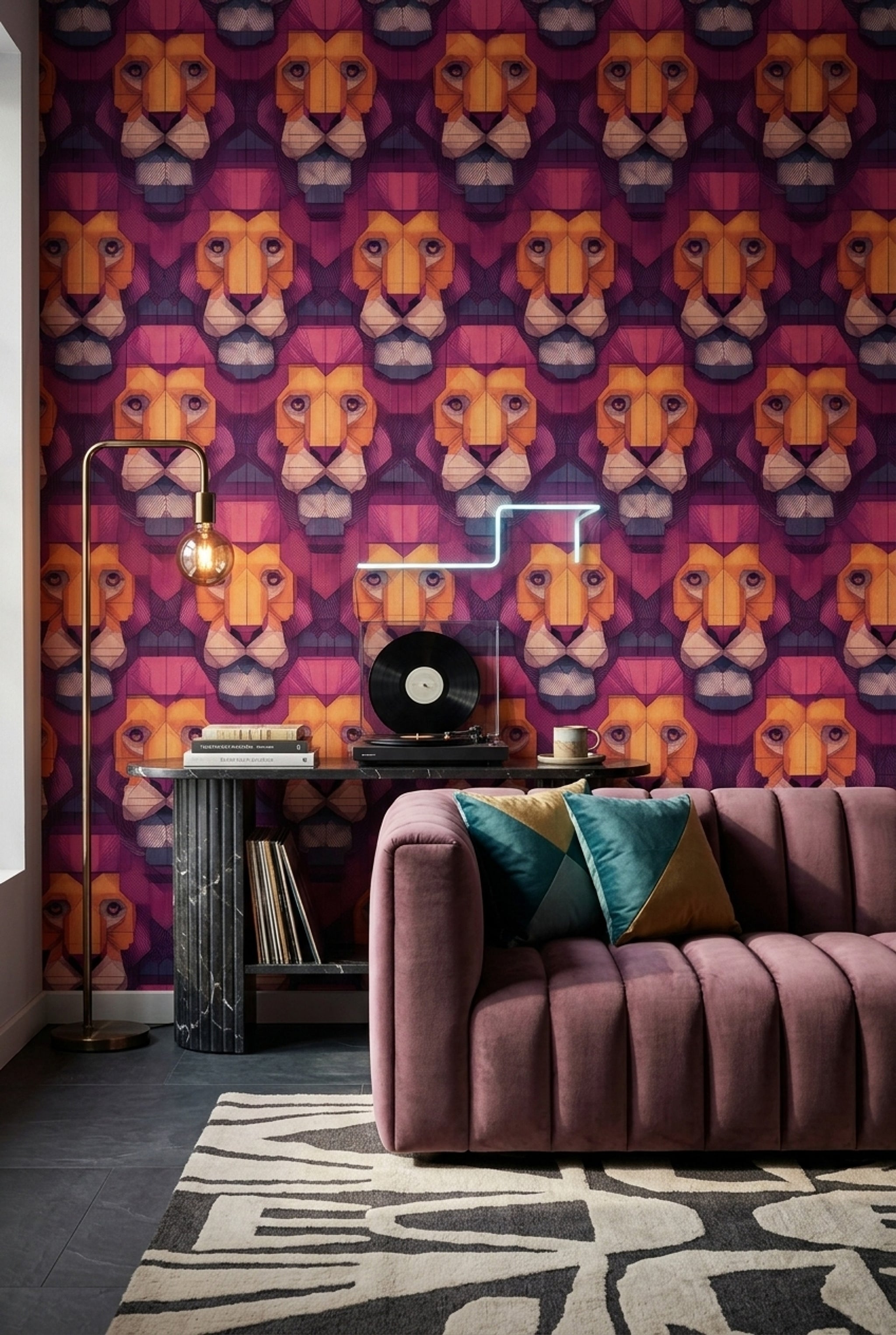 Geometrik Aslan Figürlü Duvar Kağıdı Mor Salon Deseni