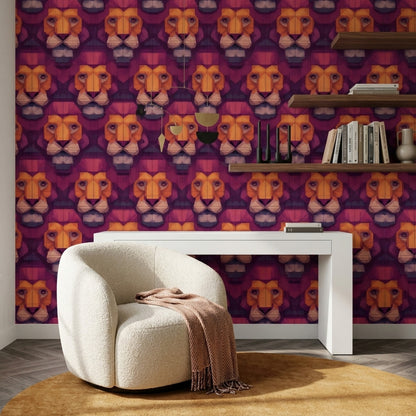 Geometrik Aslan Figürlü Duvar Kağıdı Mor Salon Deseni