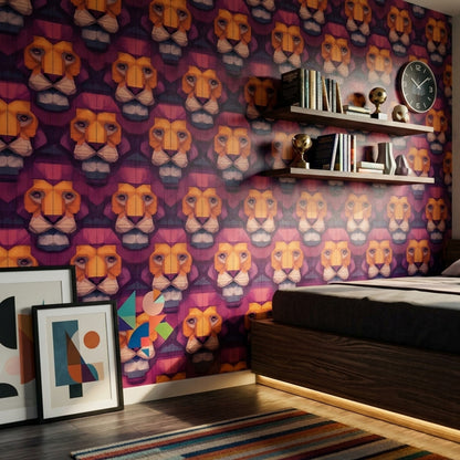 Geometrik Aslan Figürlü Duvar Kağıdı Mor Salon Deseni