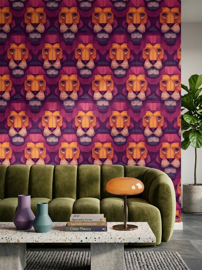 Geometrik Aslan Figürlü Duvar Kağıdı Mor Salon Deseni