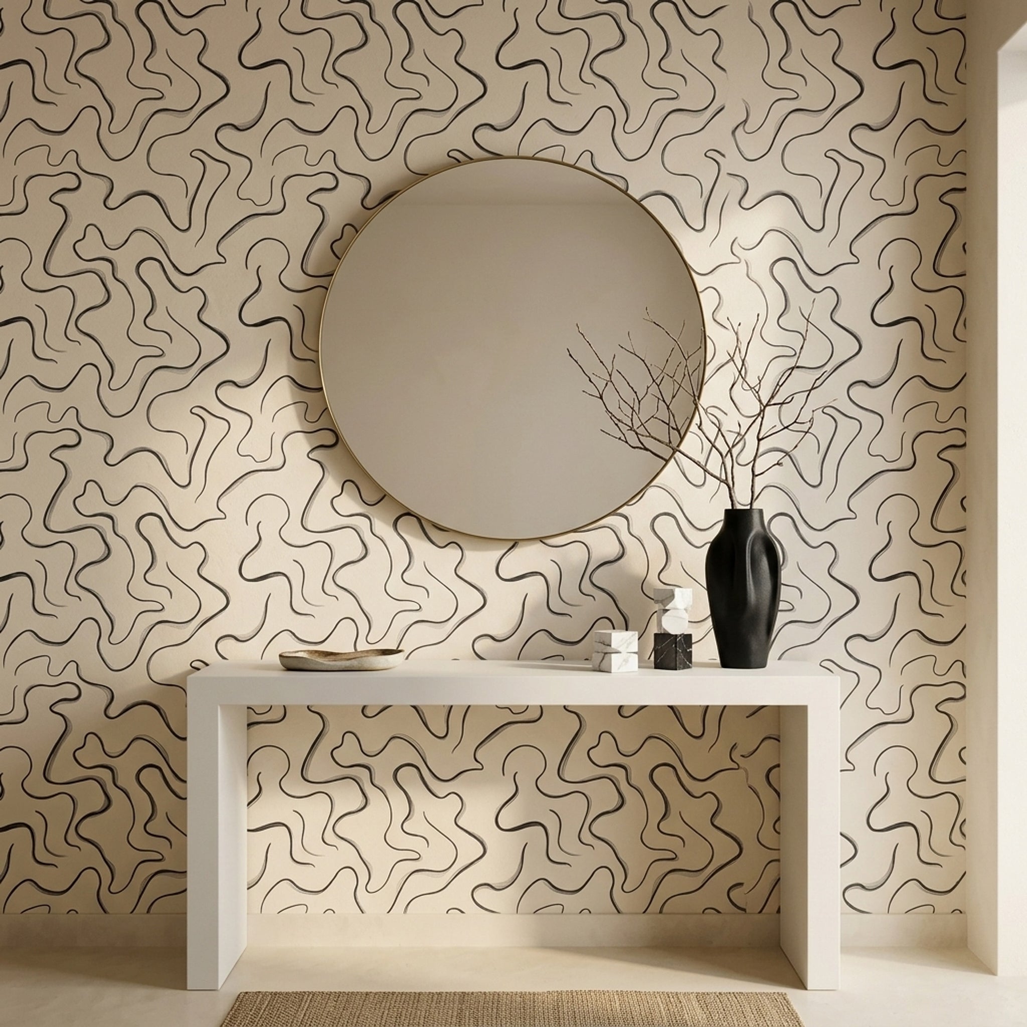 Soyut Dalgalı Çizgili Duvar Kağıdı Bej Modern Salon