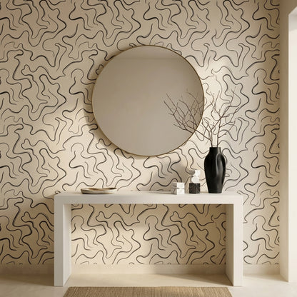 Soyut Dalgalı Çizgili Duvar Kağıdı Bej Modern Salon