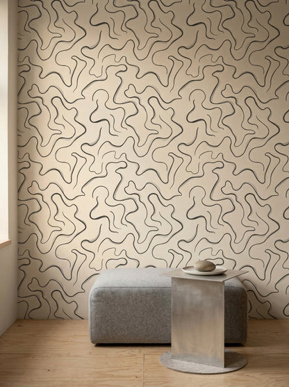 Soyut Dalgalı Çizgili Duvar Kağıdı Bej Modern Salon